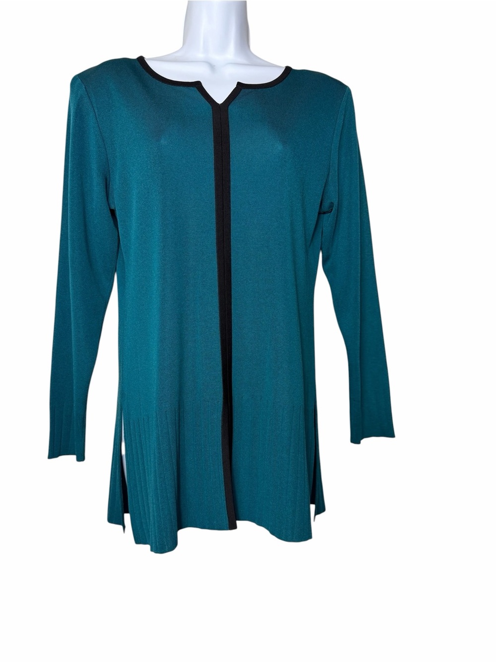 Exclusively Misook Womens Turquoise Black Trim Knit Tunic Top Size Small - Picture 2 of 5